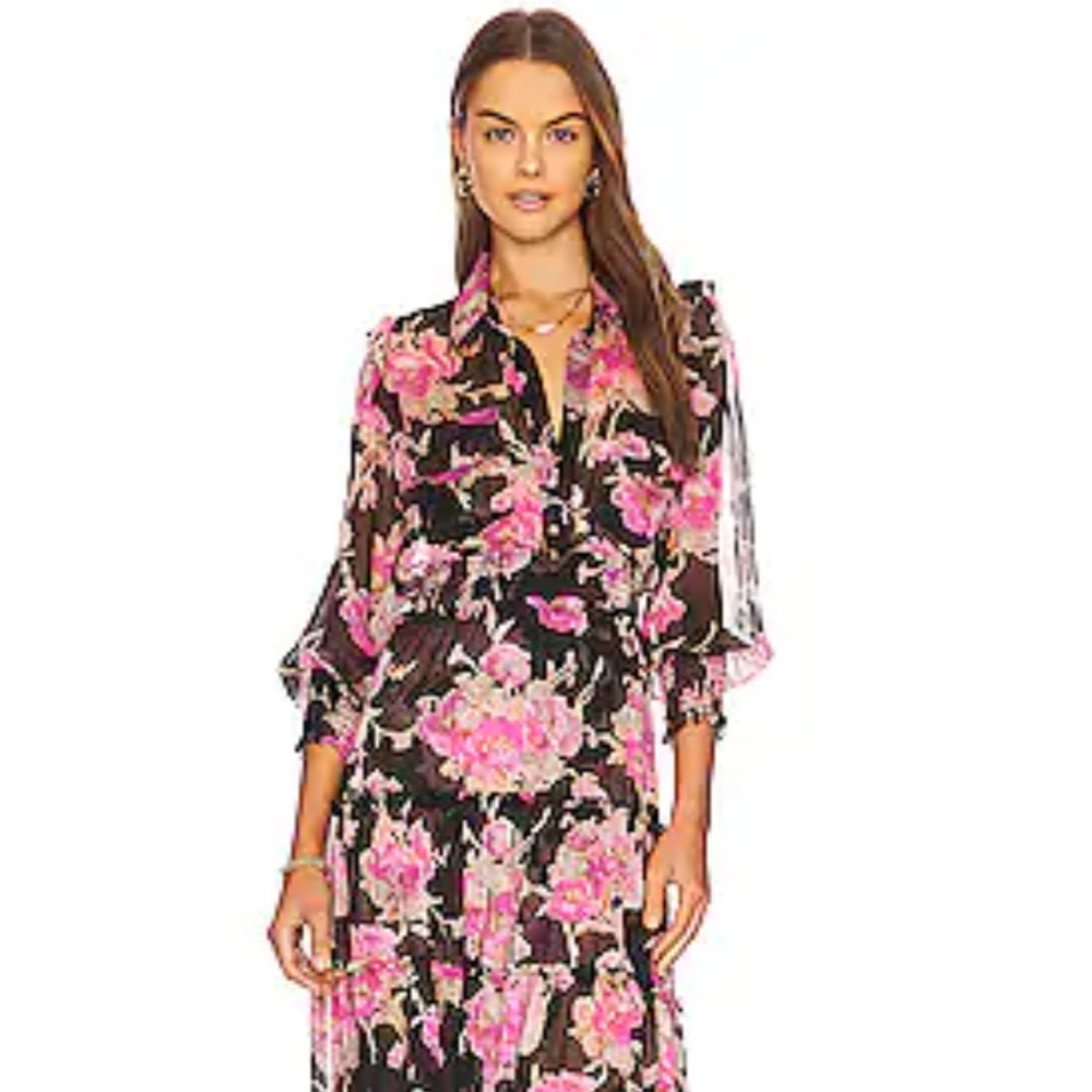 Misa Los Angeles Black and Pink Floral Maxi Dress